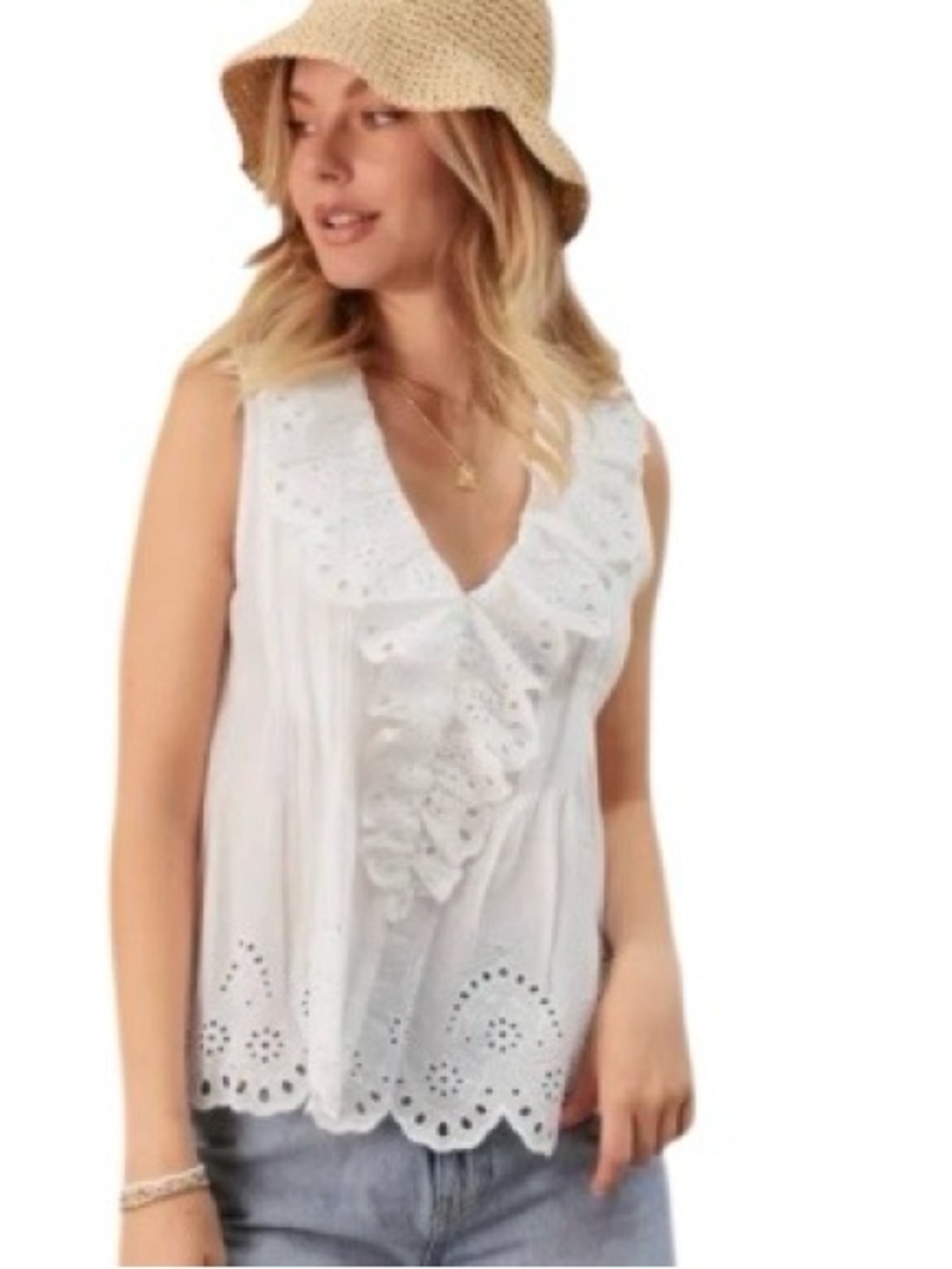 27 Miles Malibu Odina Ruffle Cotton Eyelet White V-Neck Sleeveless Tank Sz M‎